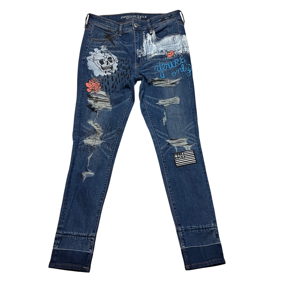 American Eagle Jeans Womens 12 Blue Super Stretch Distressed Painted Punk Rock